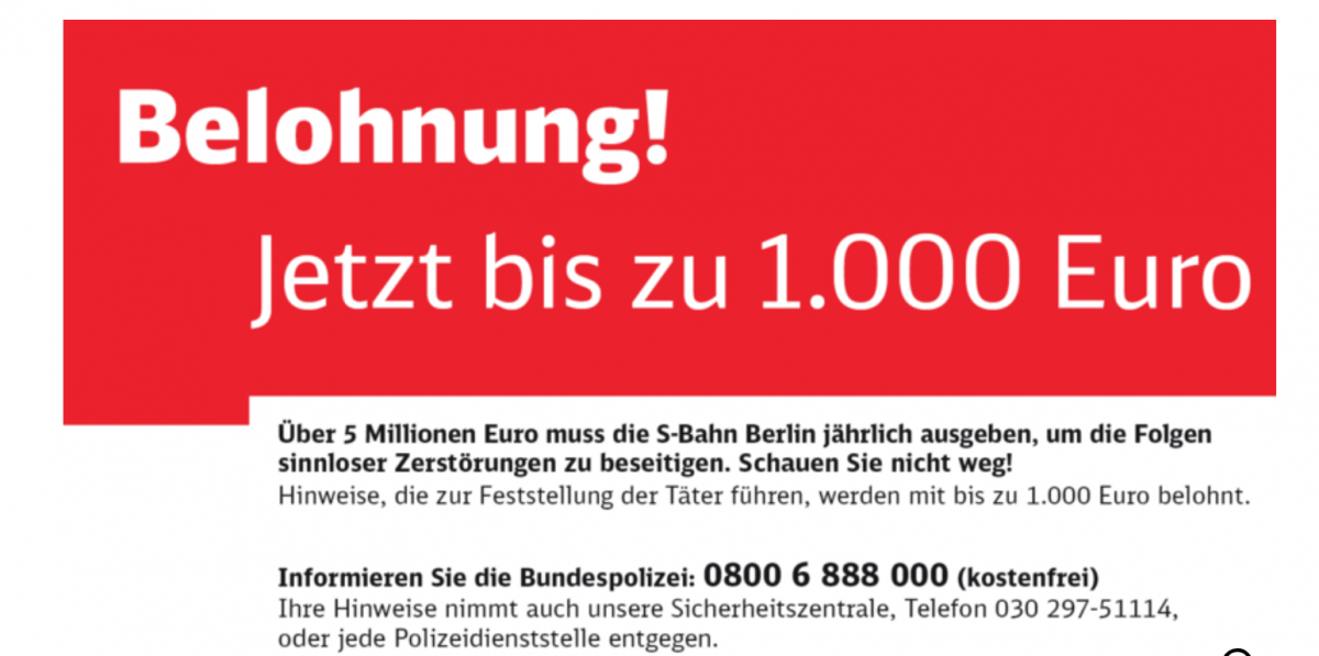 În mijloacele de transport din Germania, afișele îndeamnă călătorii să îi reclame pe vandali
