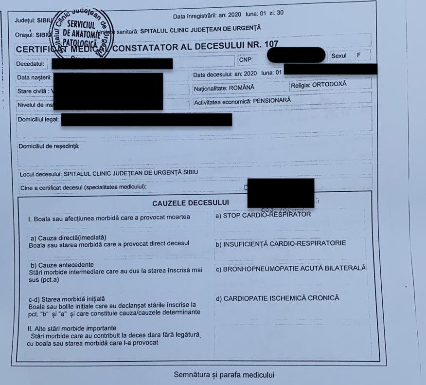 Membrii familiei persoanei decedate au transmis și o copie a certificatului de deces eliberat în cursul zilei de joi