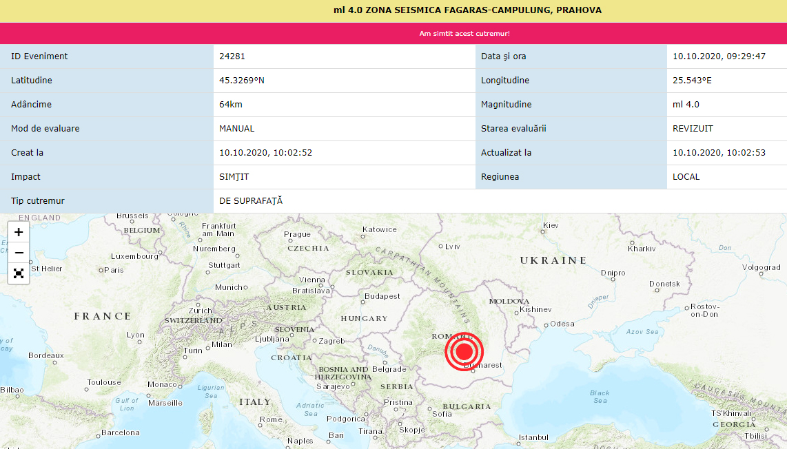 Cutremur cu magnitudinea 4 în zona seismică Făgăraş - Câmpulung, sâmbătă dimineaţa