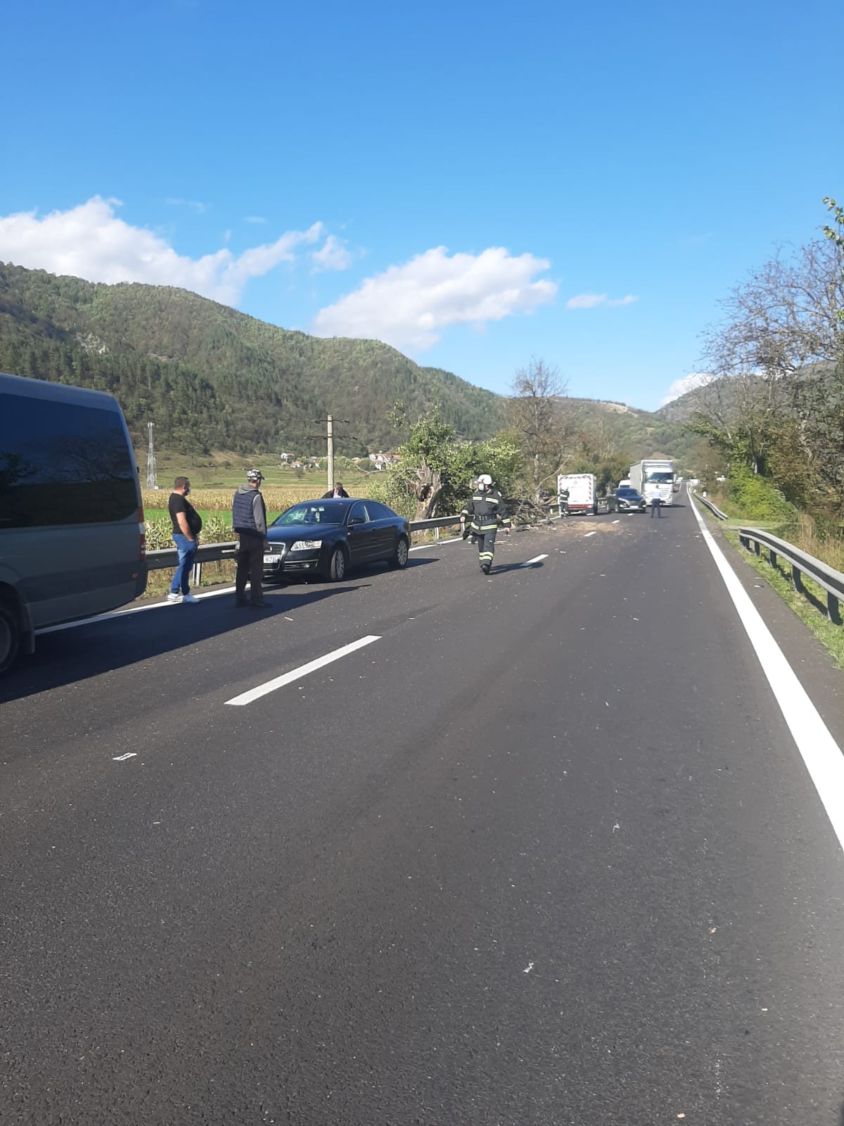 Un copac a căzut pe două mașini, pe Valea Oltului. Traficul este îngreunat