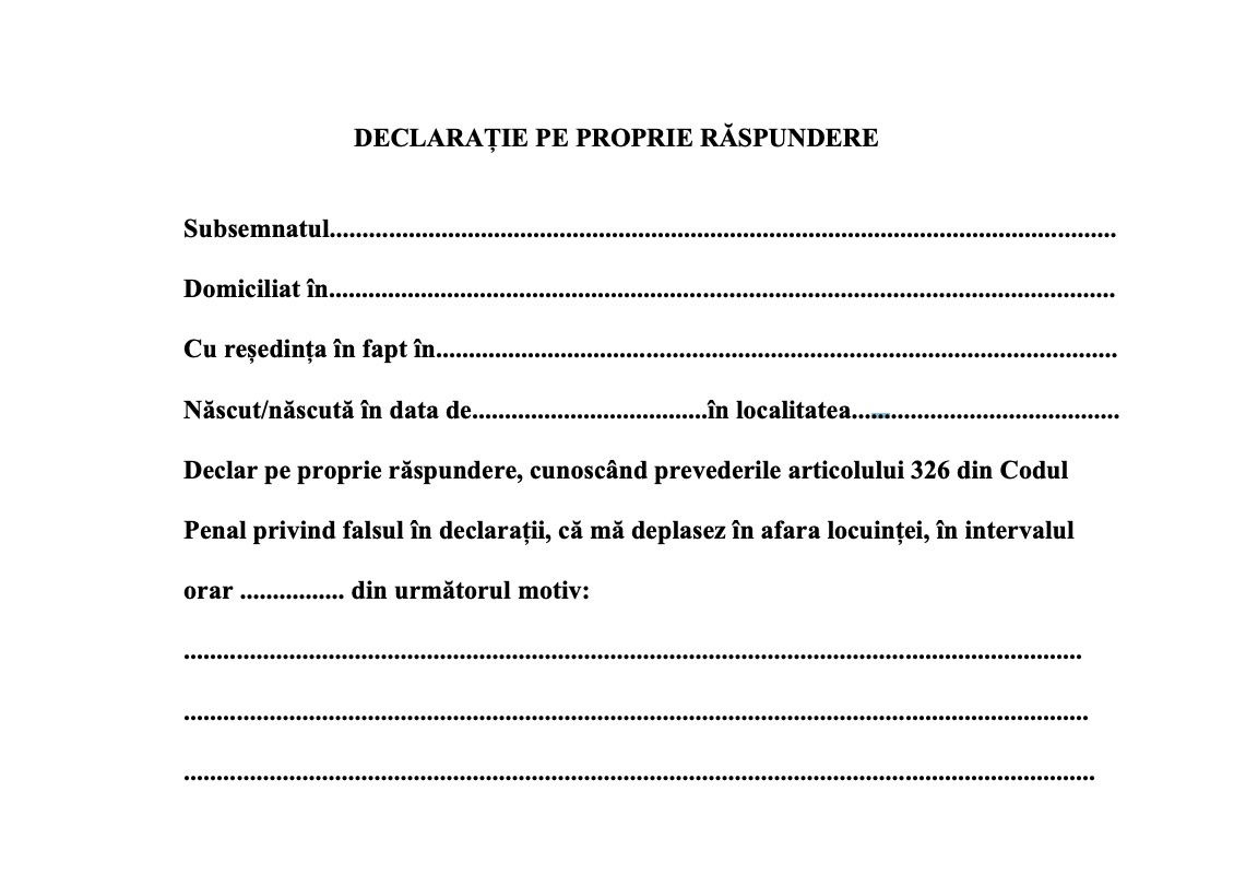 Modelul de declarație cu care mai poți ieși din casă dacă ești din Sibiu, Șelimbăr, Cisnădie și Tălmaciu. Lista motivelor