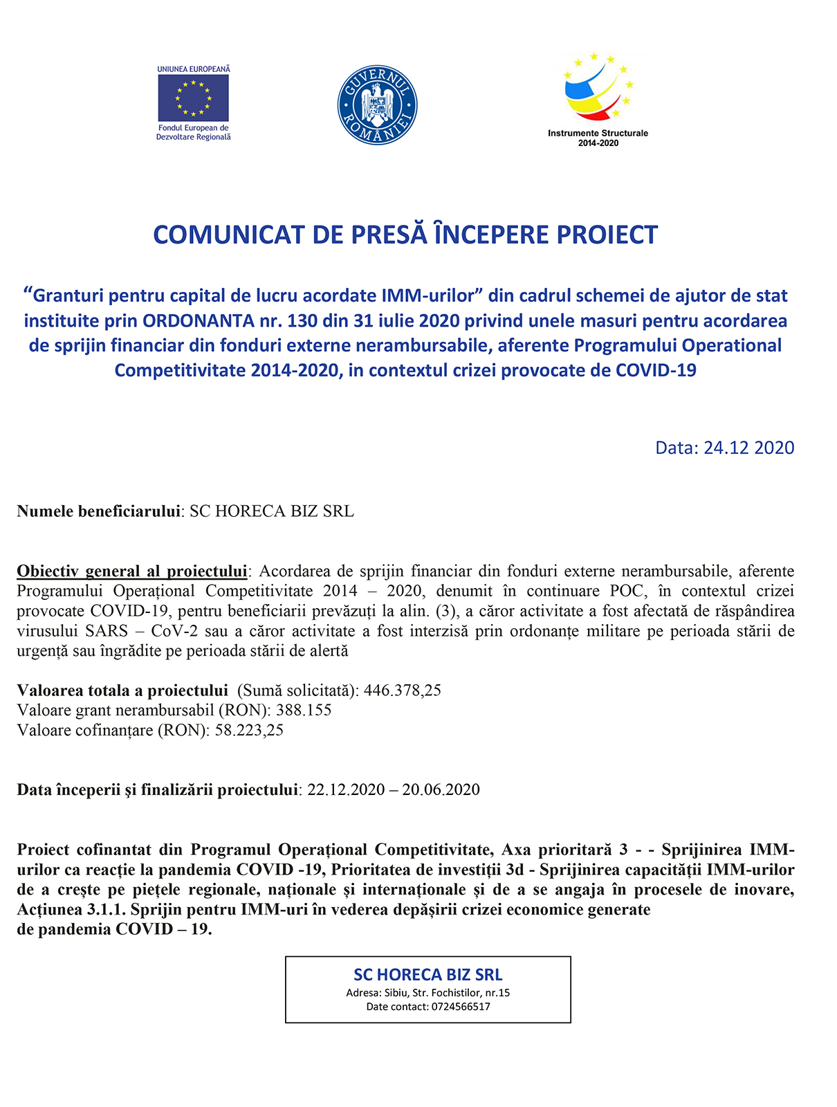 Comunicat de presă începere proiect SC HORECA BIZ SRL