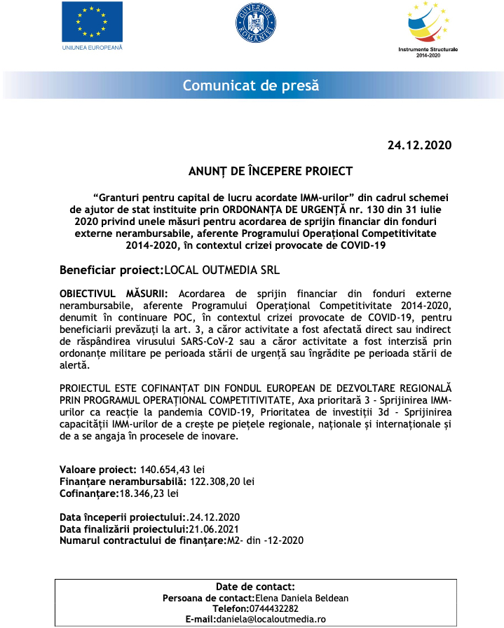 Comunicat de presă - ANUNȚ DE ÎNCEPERE PROIECT