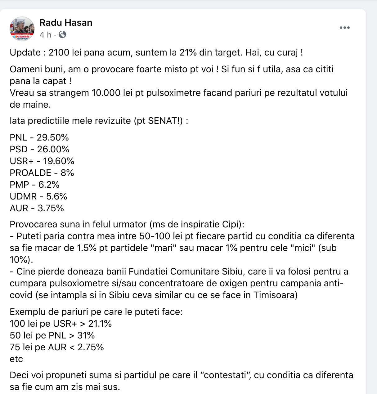 Pariu electoral: Spui scorul de la alegerile de duminică și donezi bani pentru comunitate