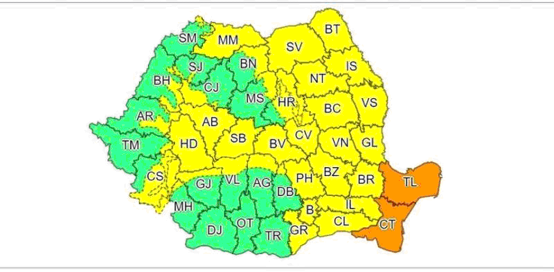 Cod galben de ploi torențiale și vijelii la Sibiu, până miercuri seara