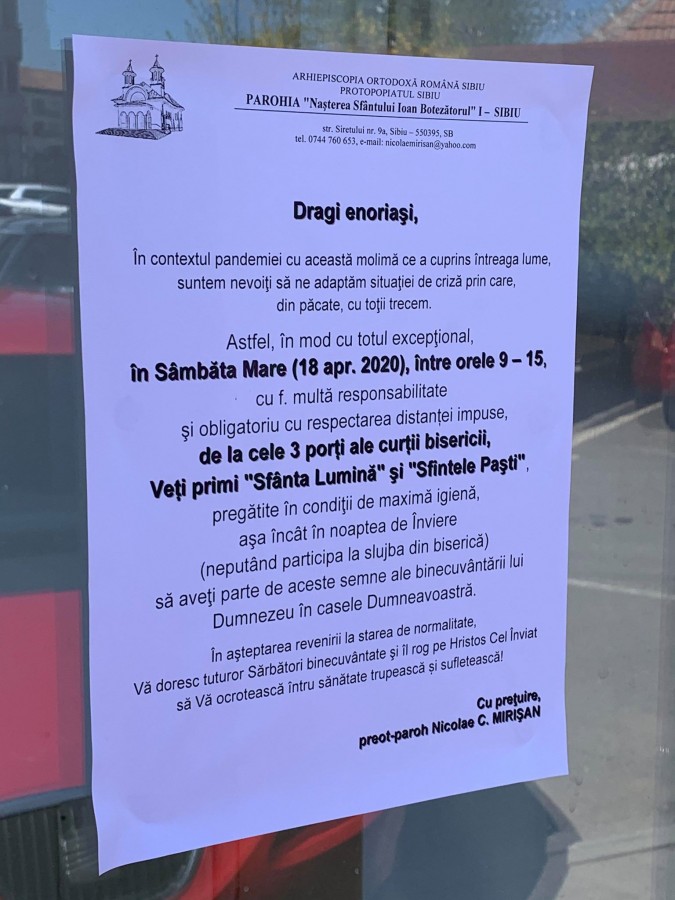 Parohiile din Sibiu merg pe ”Planul Vela” și cheamă oamenii să ia ”lumină” și Paști. ”Este în vigoare”