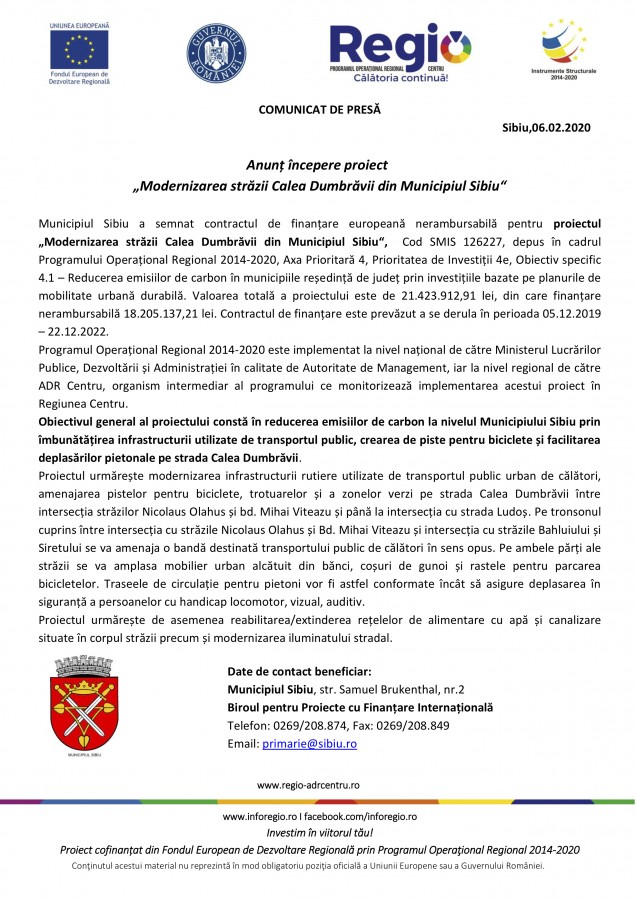 Anunț începere proiect „Modernizarea străzii Calea Dumbrăvii din Municipiul Sibiu“