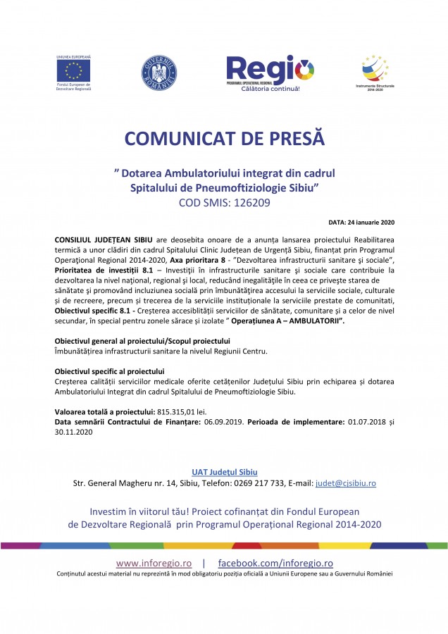 Comunicat de presă. ”Dotarea Ambulatoriului integrat din cadrul Spitalului de Pneumoftiziologie Sibiu”