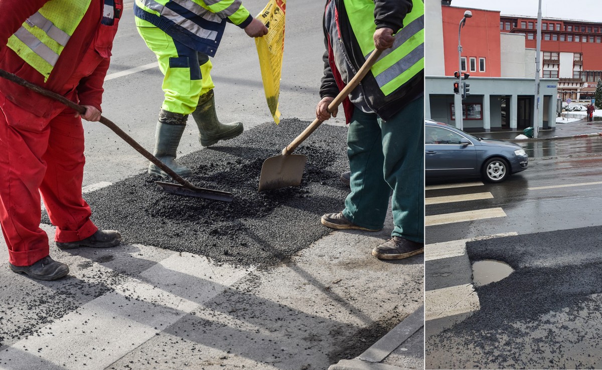 FOTO - Cât rezistă o groapă asfaltată în centrul Sibiului?