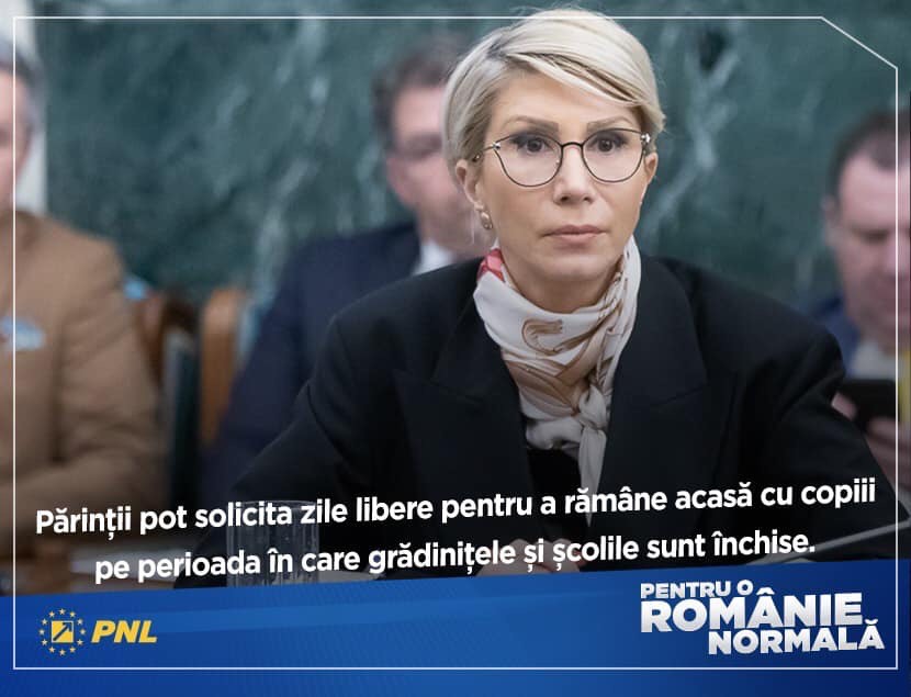 Turcan: Părinții pot solicita zile libere pentru a rămâne acasă cu copiii pe perioada în care grădinițele și școlile sunt închise!