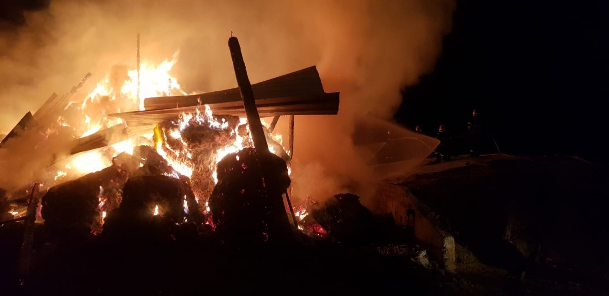 VIDEO/Incendiu violent la un depozit de furaje