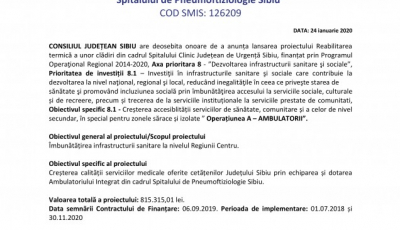 Comunicat de presă. ”Dotarea Ambulatoriului integrat din cadrul Spitalului de Pneumoftiziologie Sibiu”