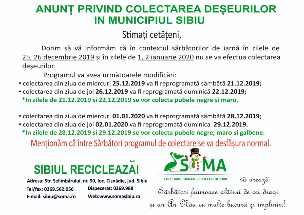 Anunț privind colectarea deșeurilor în municipiul Sibiu