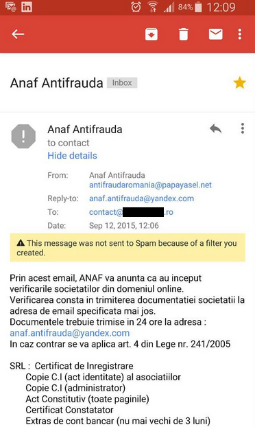 Fraudă prin e-mail în numele ANAF. ” Direcția Generală Antifraudă Fiscală recomandă ingorarea solicitărilor venite de pe adrese de e-mail cu origine îndoielnică”