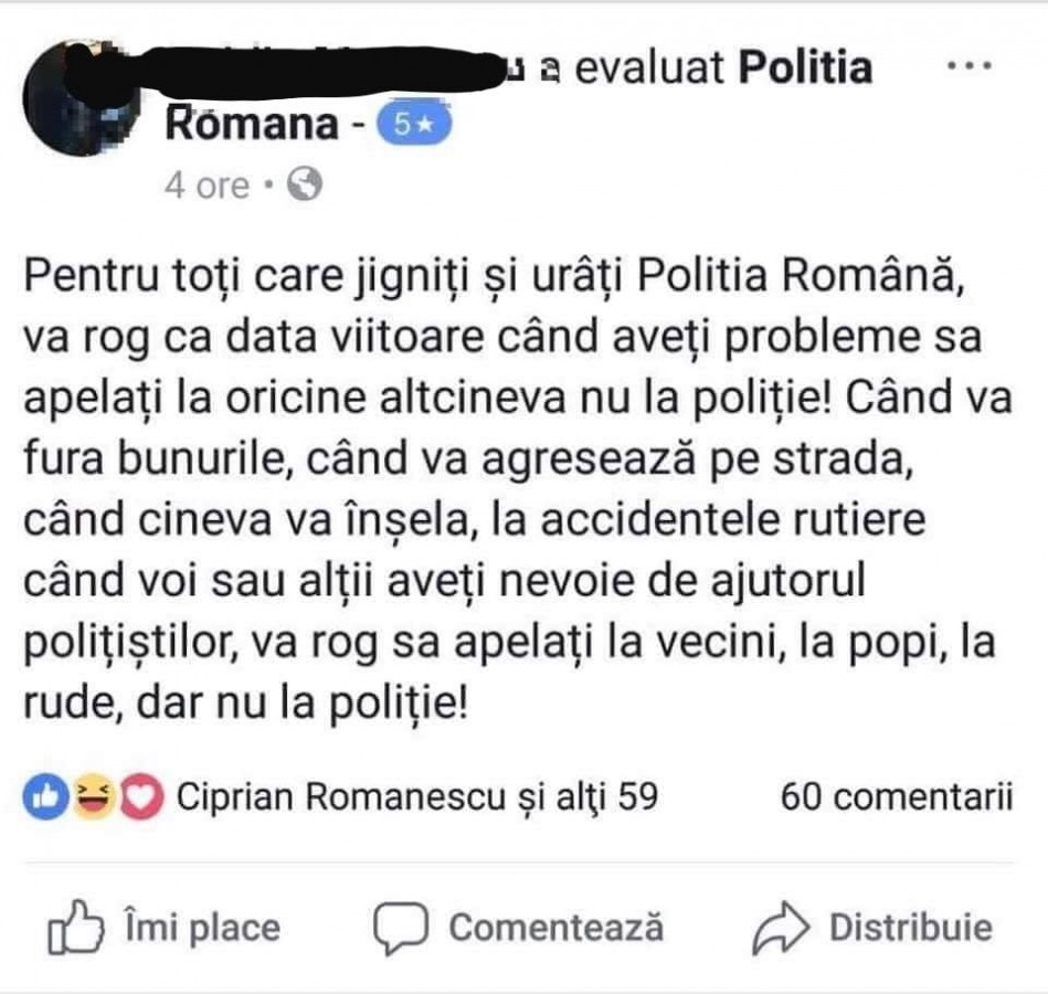 Mesaj publicat pe Facebook de purtătorul de cuvânt al Brigăzii Rutiere: Când aveţi probleme, apelaţi la popi