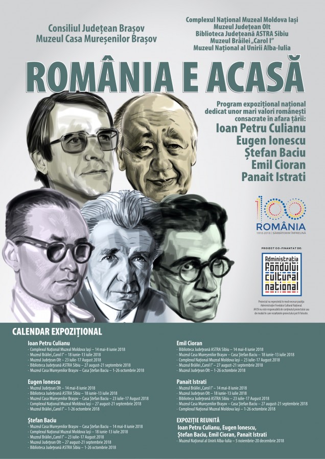 România e acasă - Program expozițional național dedicat unor mari valori românești consacrate în afara țării: Ioan Petru Culianu, Eugen Ionescu, Ṣtefan Baciu, Emil Cioran, Panait Istrati (CP)