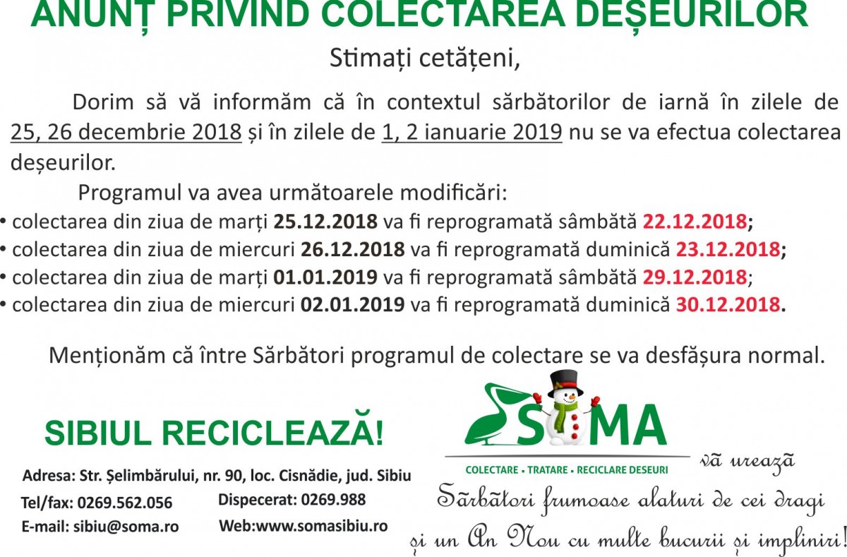 Programul de colectare a deșeurilor în perioada Sărbătorilor de Crăciun