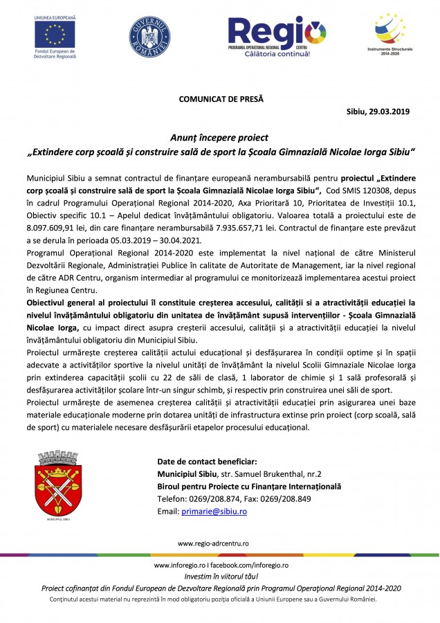 Anunț începere proiect „Extindere corp școală și construire sală de sport la Școala Gimnazială Nicolae Iorga Sibiu“