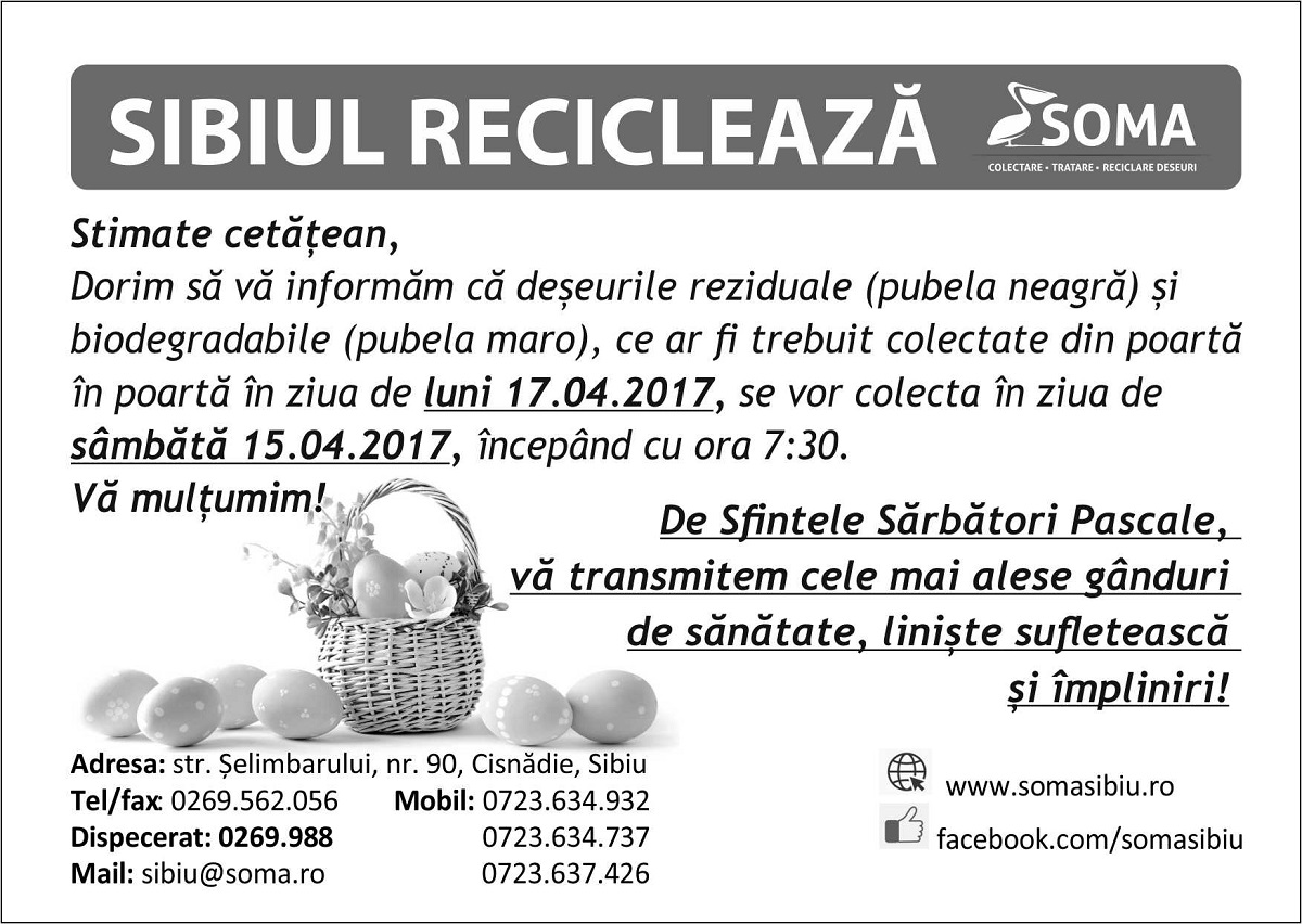 Anunț Soma: programul ridicării deșeurilor în preajma sărbătorilor pascale (P)