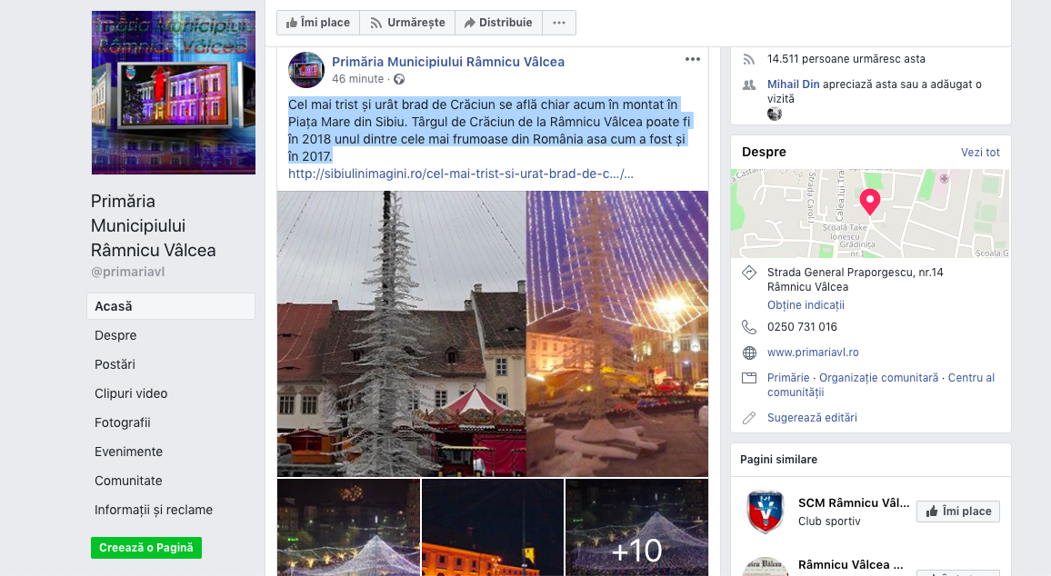 Primăria Rm. Vâlcea regretă postarea critică: Un exces de patriotism local