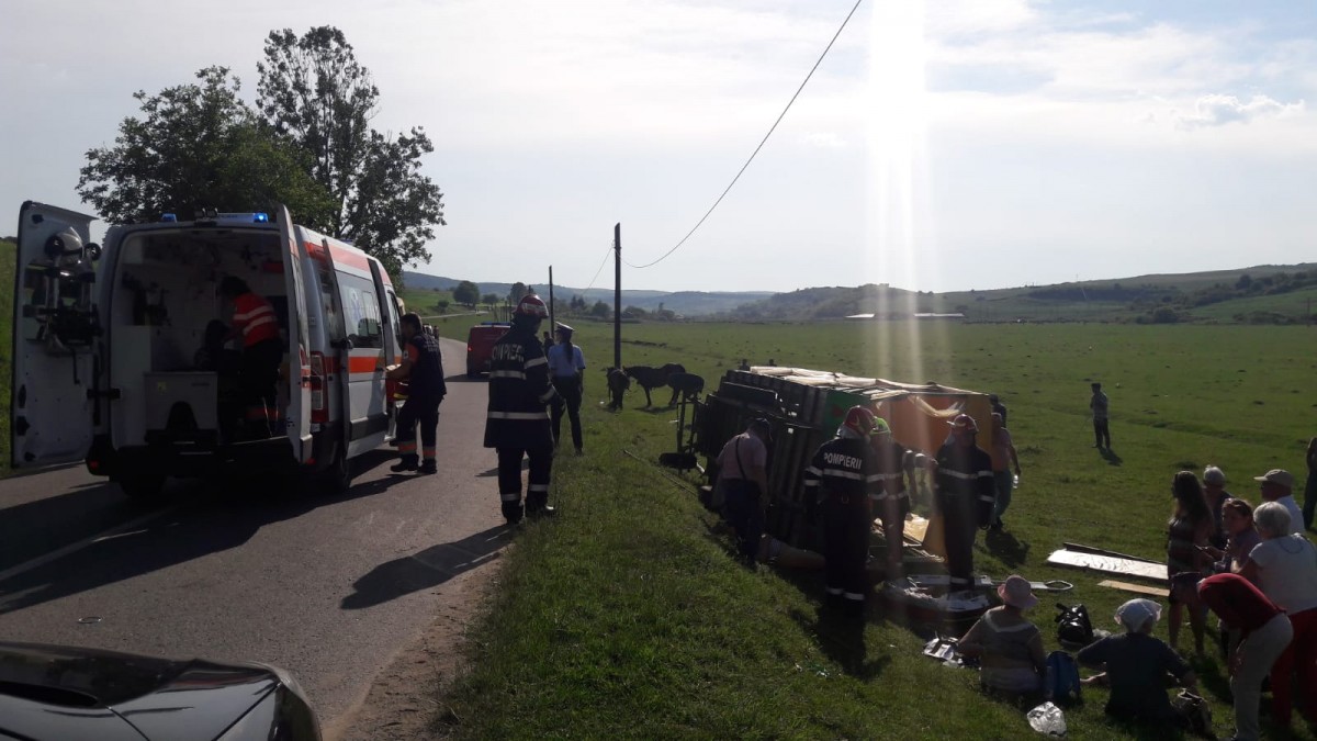 ACTUALIZARE O căruță cu nouă turiști s-a răsturnat în județul Sibiu. Patru au ajuns la spital