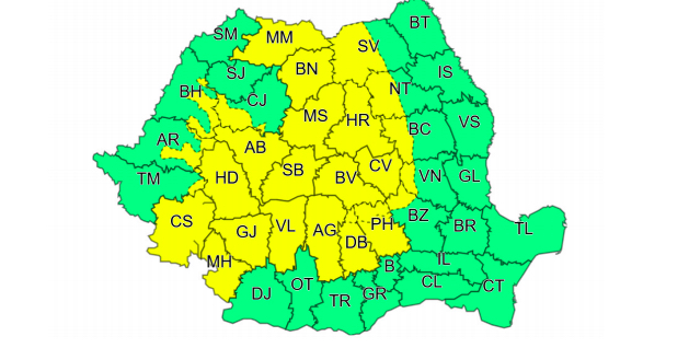 Cod galben de ploi torențiale, toată ziua în județul Sibiu