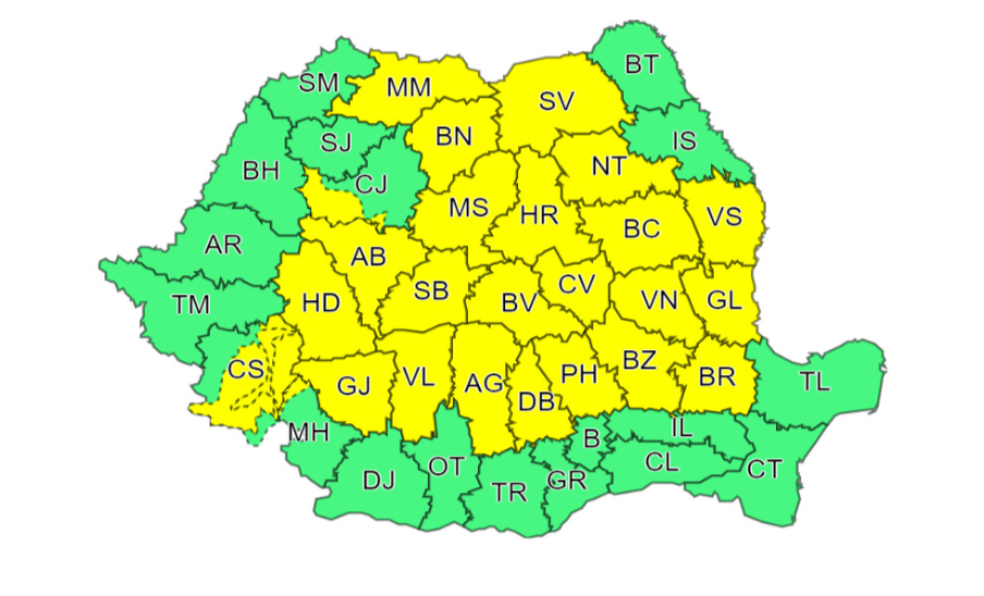 Cod galben de ploi torențiale și vânt puternic în tot județul