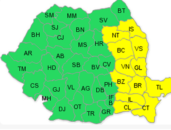 Cod Galben de ninsori în 12 judeţe din estul şi sud-estul ţării. Cod portocaliu de viscol în judeţul Tulcea