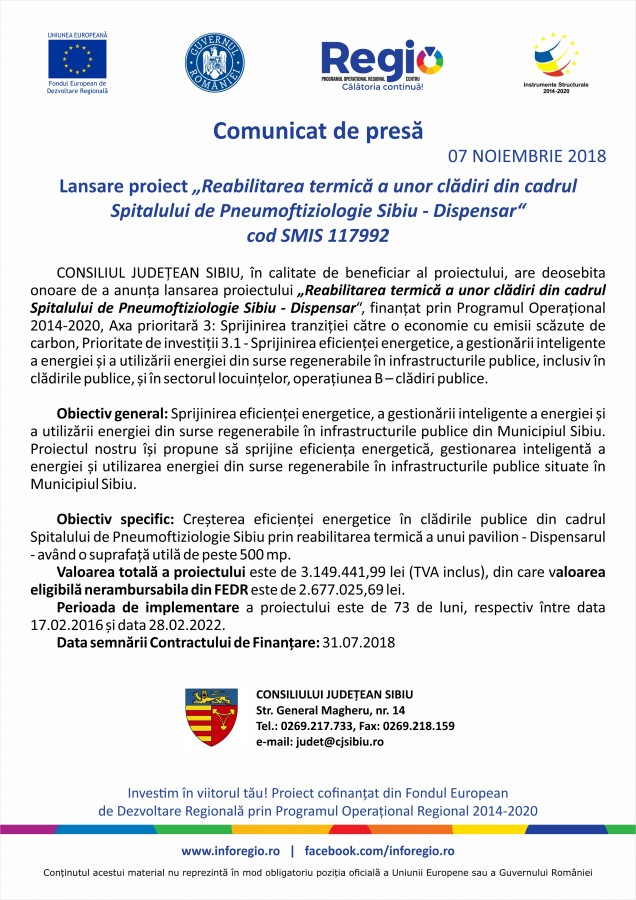 Lansare proiect „Reabilitarea termică a unor clădiri din cadrul Spitalului de Pneumoftiziologie Sibiu - Dispensar“ cod SMIS 117992 (P)