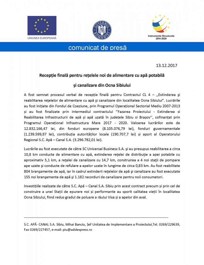 Recepție finală pentru rețelele noi de alimentare cu apă potabilă  și canalizare din Ocna Sibiului