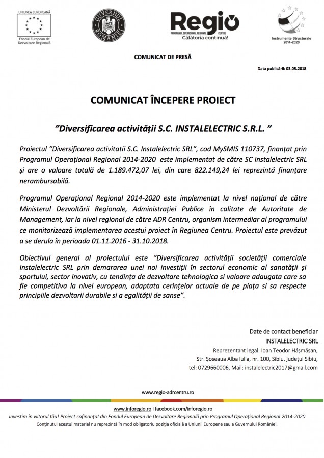 Comunicat începere proiect. ”Diversificarea activității S.C. INSTALELECTRIC S.R.L.” (P)