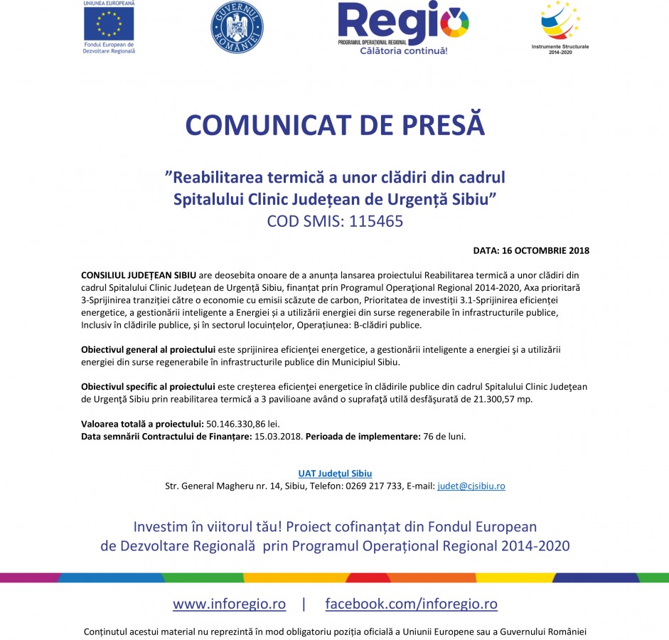 COMUNICAT DE PRESĂ ”Reabilitarea termică a unor clădiri din cadrul Spitalului Clinic Județean de Urgență Sibiu”