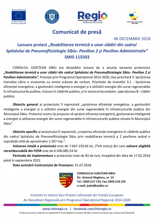 Lansare proiect „Reabilitarea termică a unor clădiri din cadrul Spitalului de Pneumoftiziologie Sibiu- Pavilion 2 și Pavilion Administrativ“