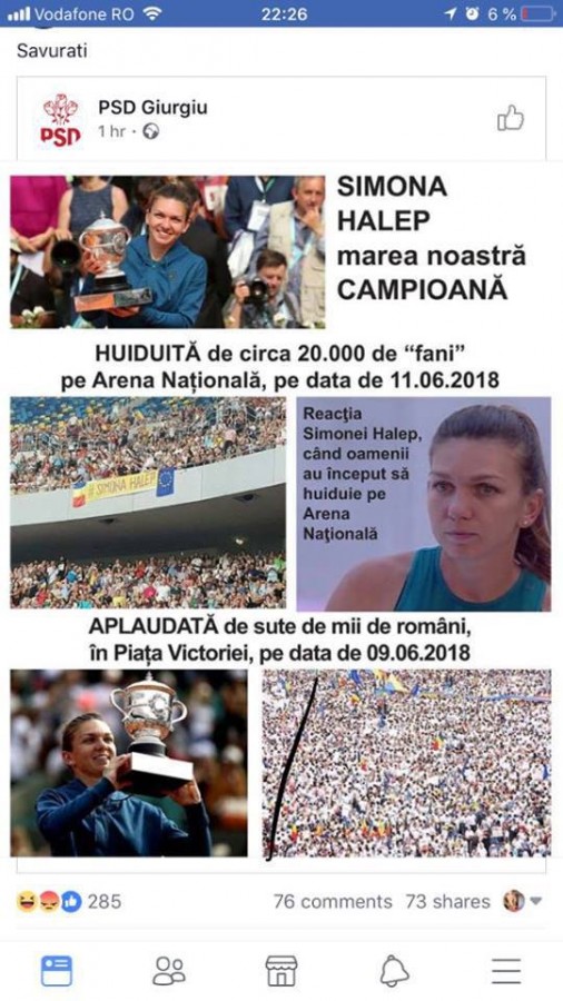 Organizaţii PSD, despre Simona Halep: Huiduită pe Arena Naţională, aplaudată la mitingul PSD