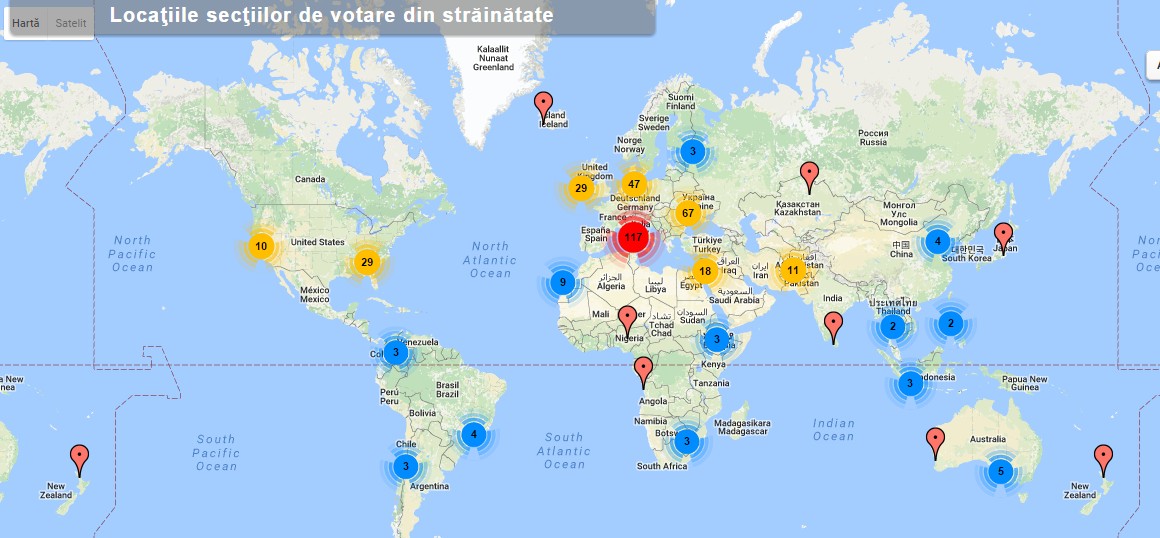 Hartă interactivă cu locaţia celor 417 secţii de votare organizate în străinătate