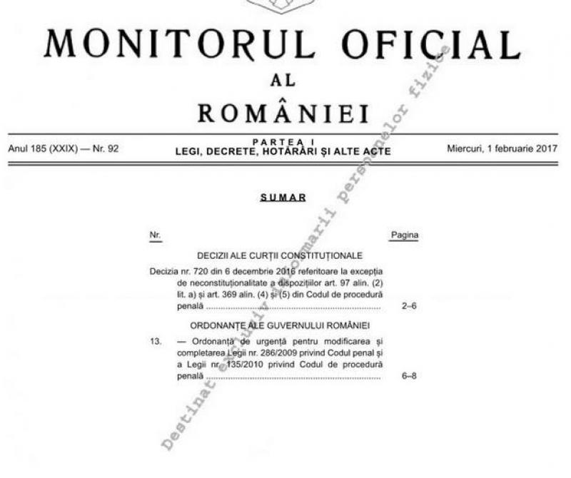 Ordonanţa privind modificarea codurilor penale a fost publicată în Monitorul Oficial