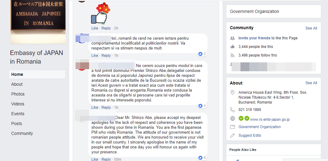 Românii îşi cer scuze în nume personal, pe pagina Ambasadei Japoniei, pentru lipsa de curtoazie a politicienilor
