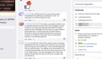 Românii îşi cer scuze în nume personal, pe pagina Ambasadei Japoniei, pentru lipsa de curtoazie a politicienilor