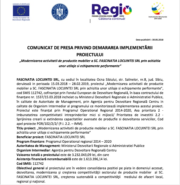 „Modernizarea activitatii de productie mobilier a SC FASCINATIA LOCUINTEI SRL prin achizitia unor utilaje si echipamente performante” (CP)