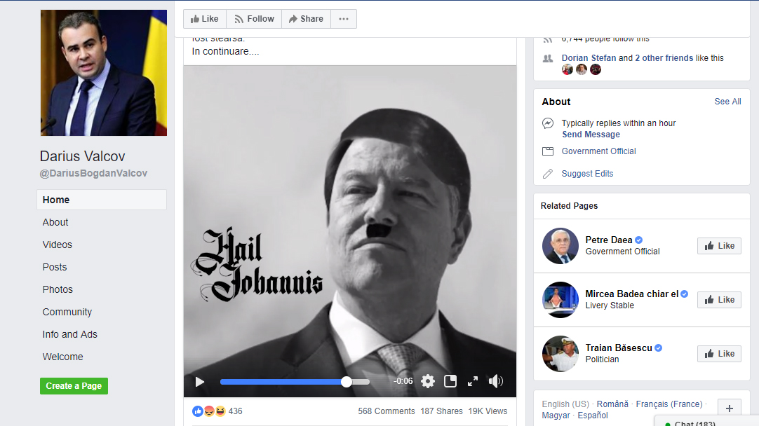 Vâlcov, consilier al premierului Dăncilă, postează clipuri în care Iohannis apare în postura lui Hitler