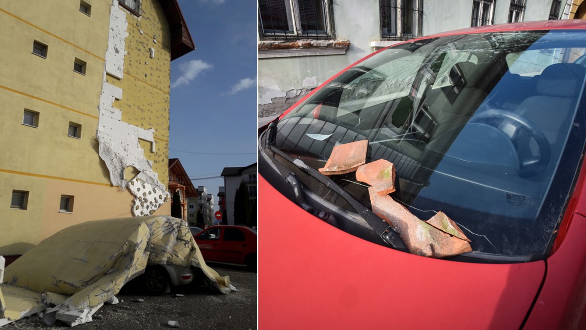 Foto | Vânt puternic: Izolație de bloc desprinsă. Mașini avariate de țigle