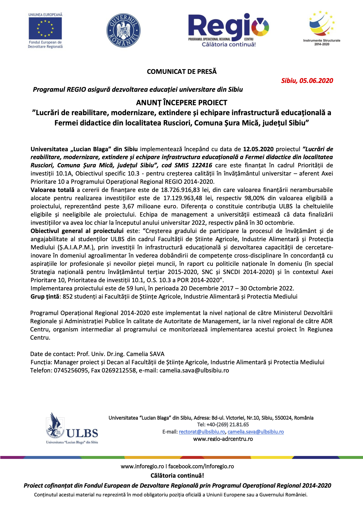 Programul REGIO asigură dezvoltarea educației universitare din Sibiu