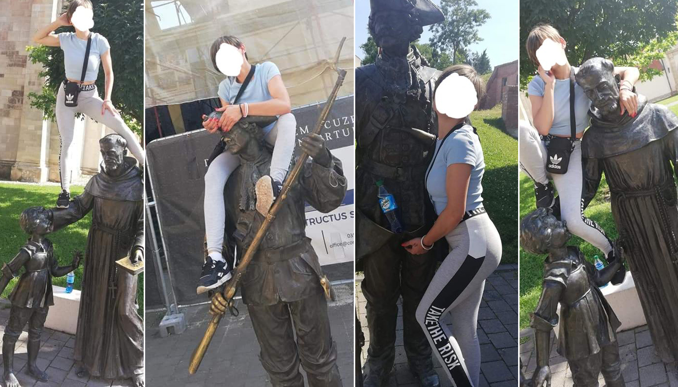 O sibiancă care s-a cățărat pe statuile din Cetatea Alba Carolina și s-a fotografiat indecent a fost amendată cu 1.000 de lei