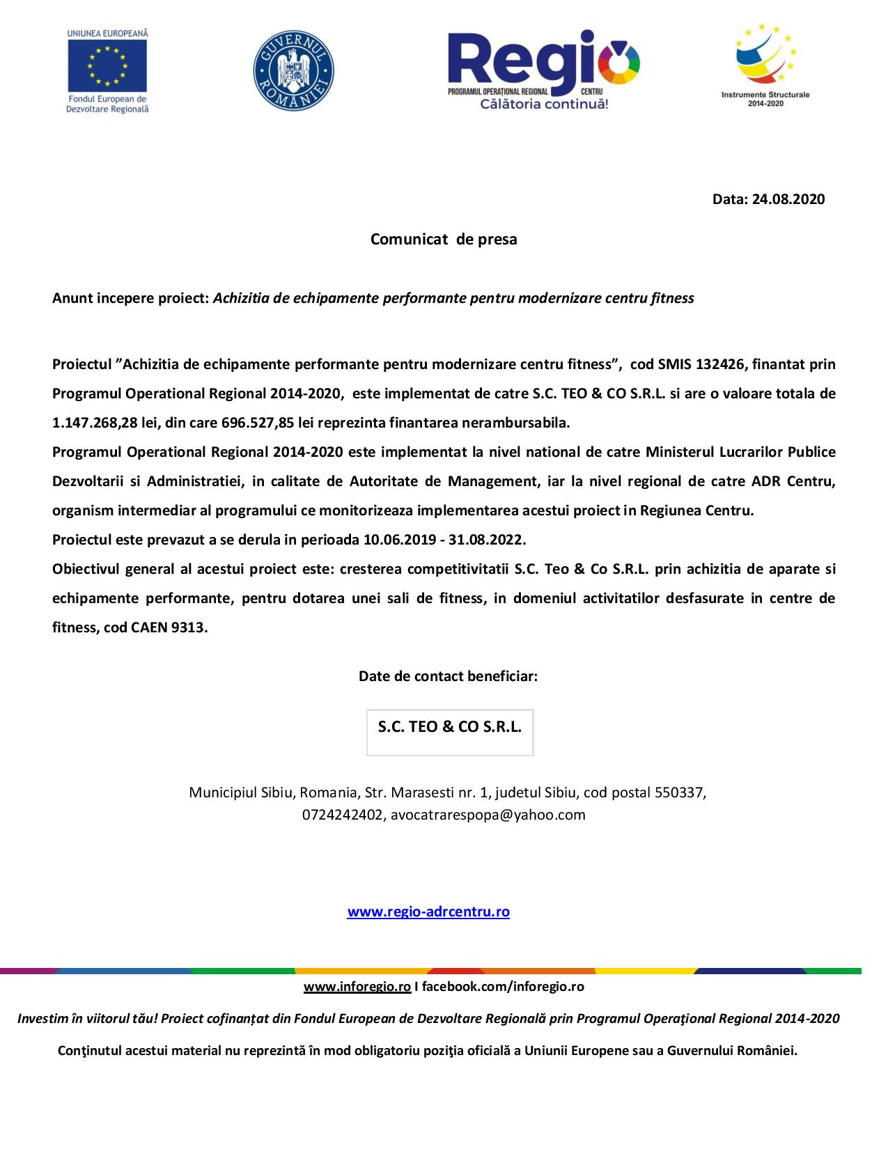 Anunț începere proiect: Achiziția de echipamente performante pentru modernizare centru fitness