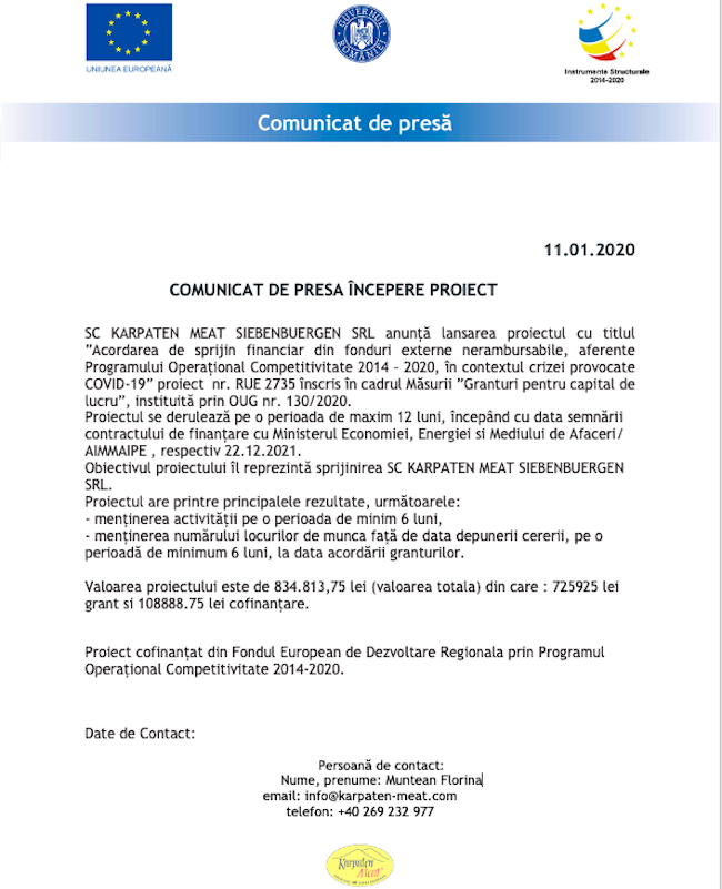 COMUNICAT DE PRESA ÎNCEPERE PROIECT