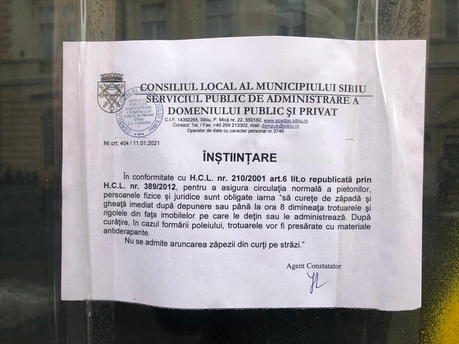 Peste 70 de înștiințări pentru cine n-a curățat gheața. Printre cei vizați: ALDE și proprietarii de pe Bălcescu