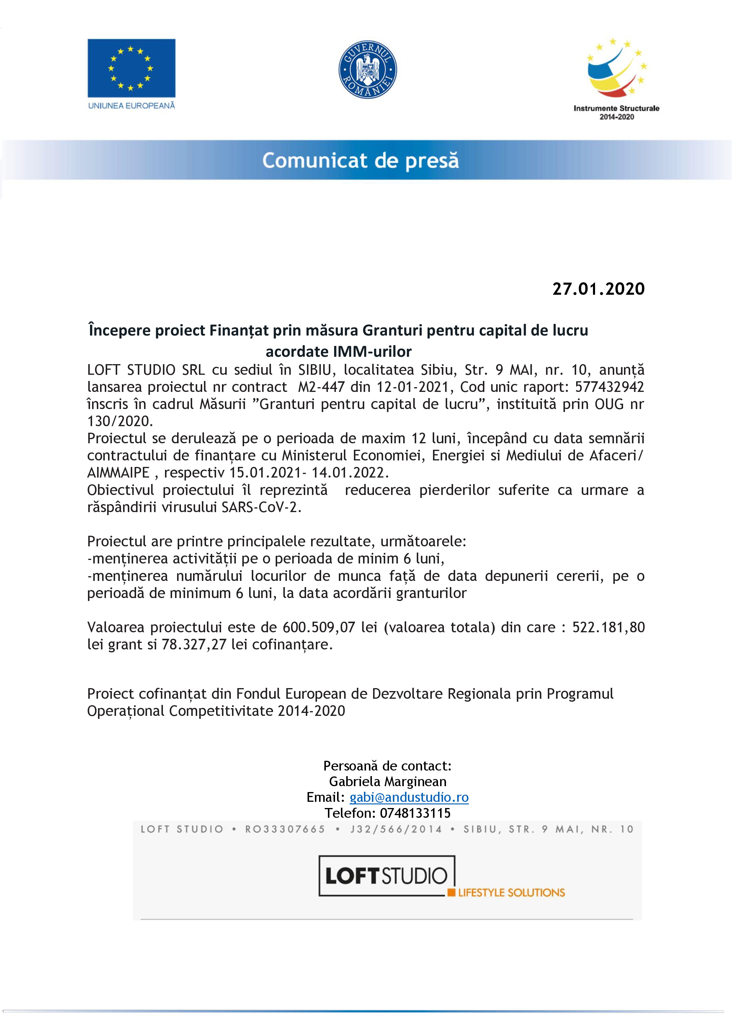 Comunicat de presă - Începere proiect Finanțat prin măsura Granturi pentru capital de lucru acordate IMM-urilor