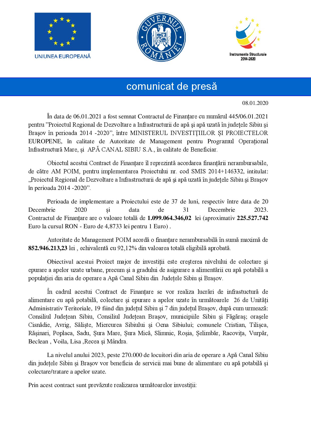 Comunicat de presă - semnare contract de finanțare POIM