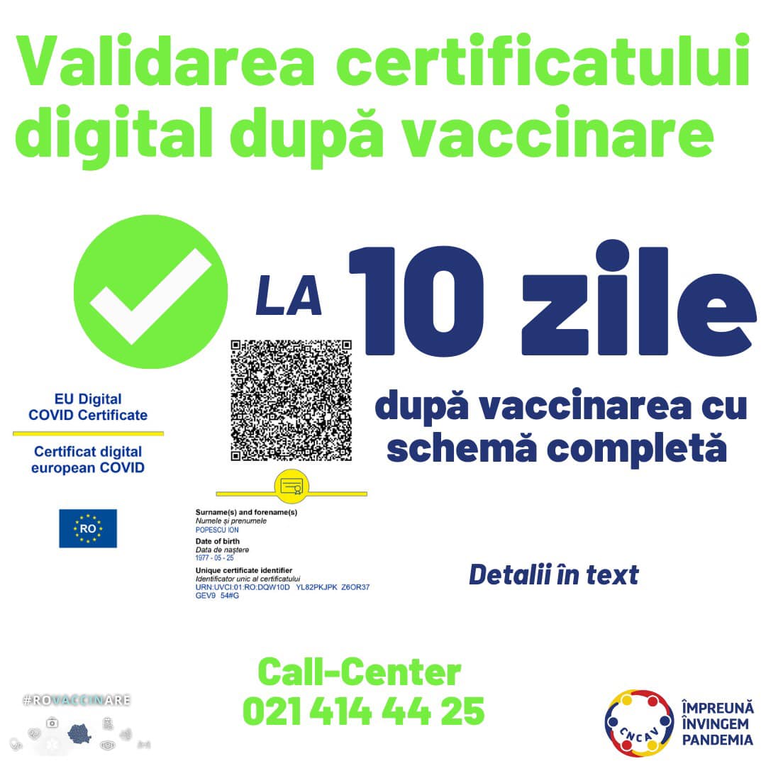 Certificatul digital se validează după 10 zile de la vaccinarea cu schemă completă