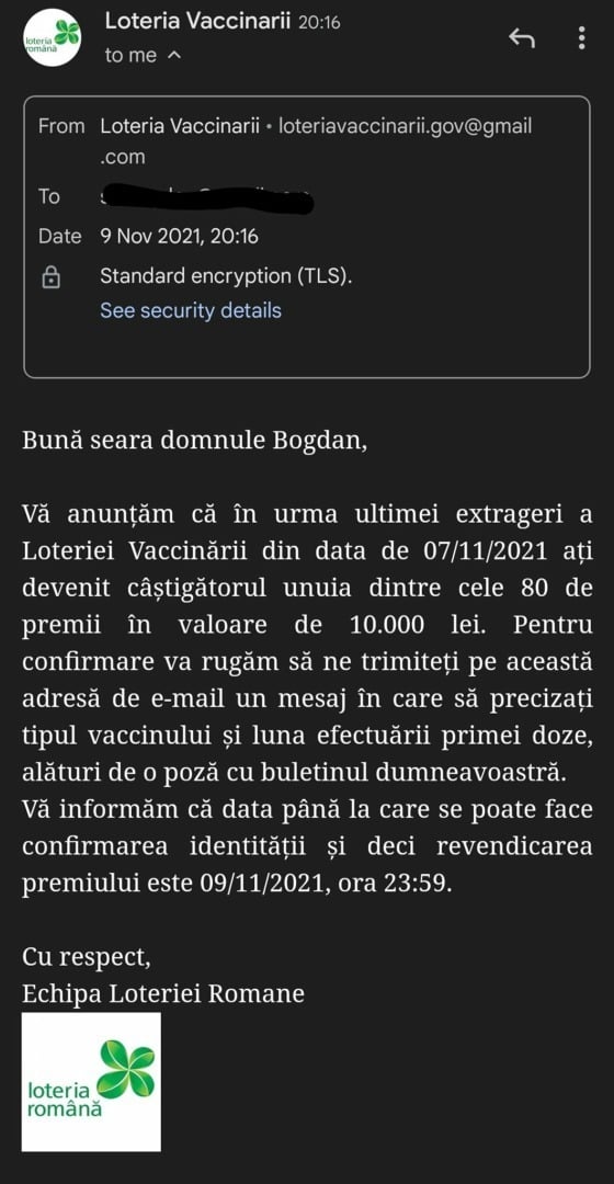 Atenție la e-mail-uri false, ce anunţă câştigarea de premii la Loteria Vaccinării